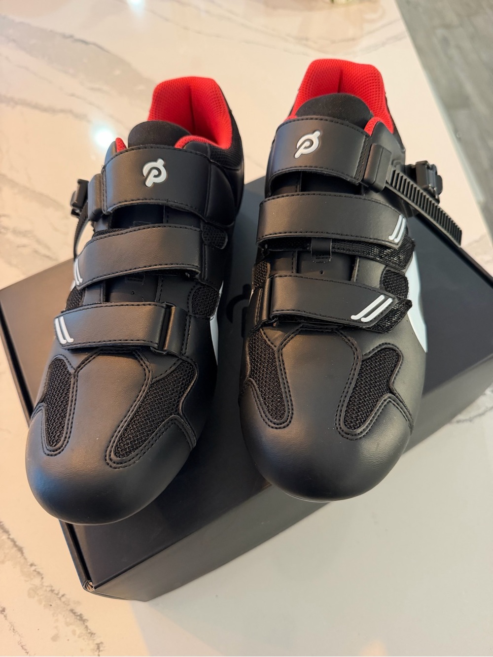 Peloton Men’s Black and Red Athletic Cycling Shoes with Triple-Strap Closure